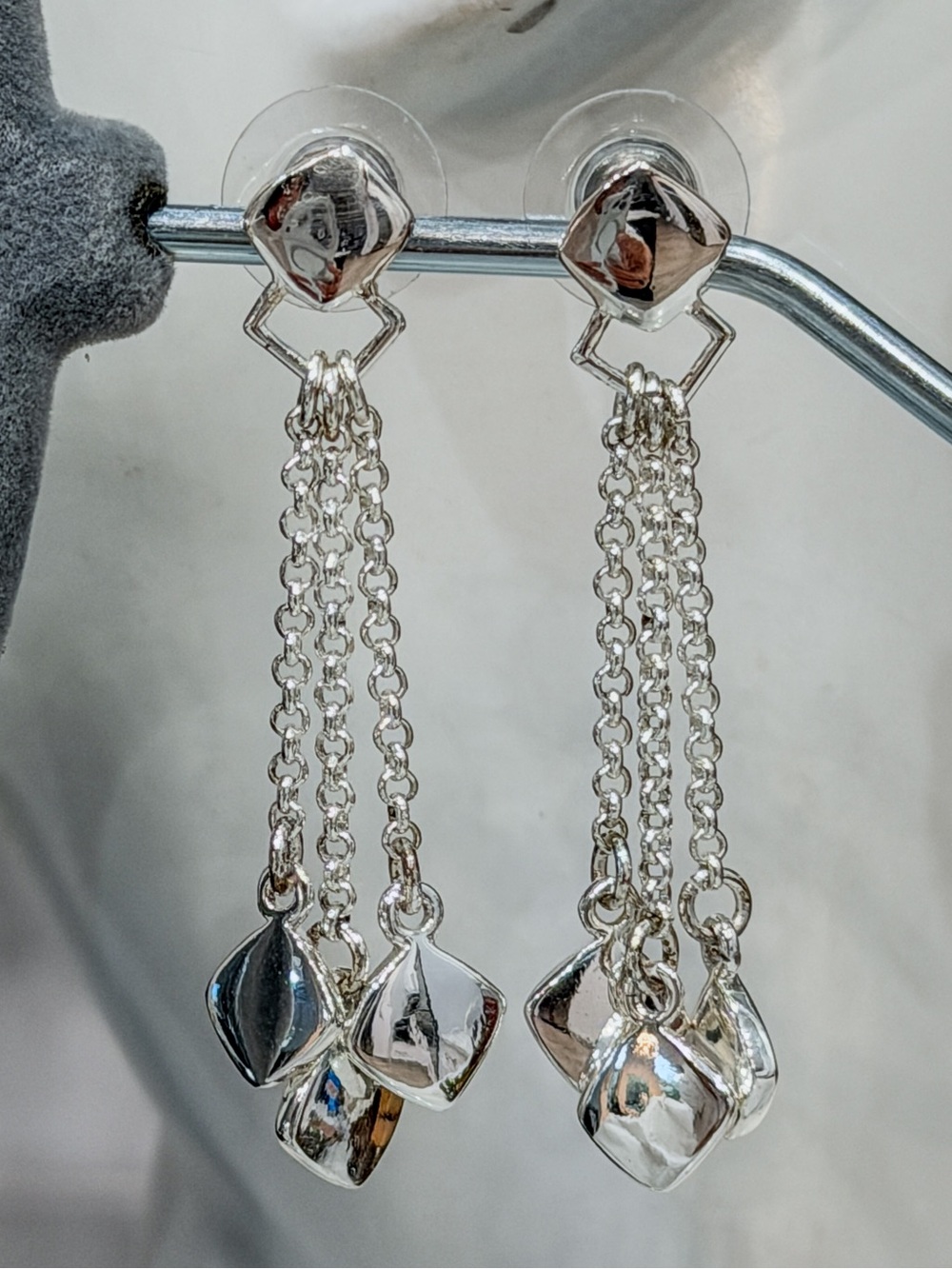 Abstract 3 Strand Silver Square Dangle Post Earrings